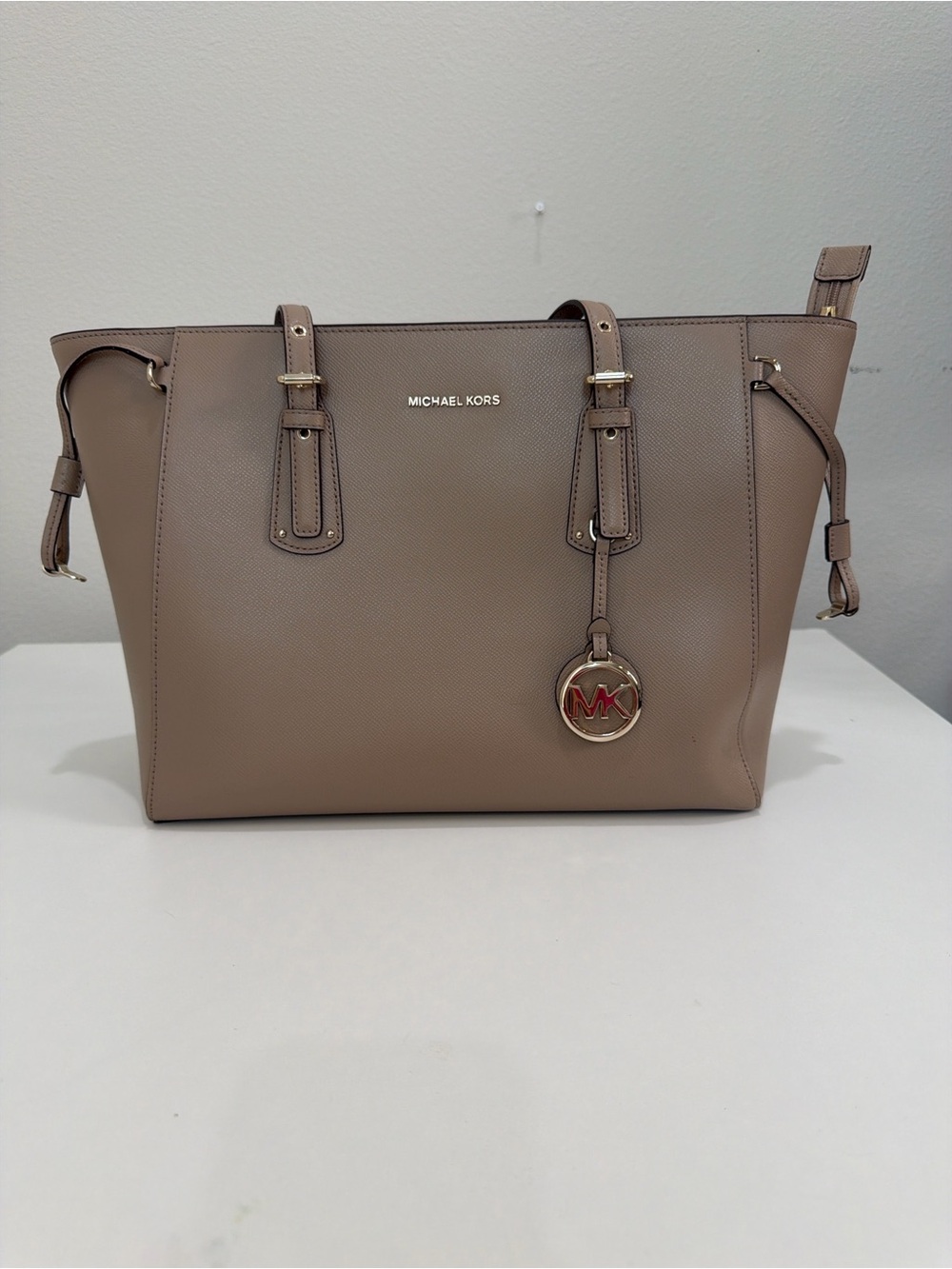 Michael Kors Beige Taupe Leather Tote with Gold Accents